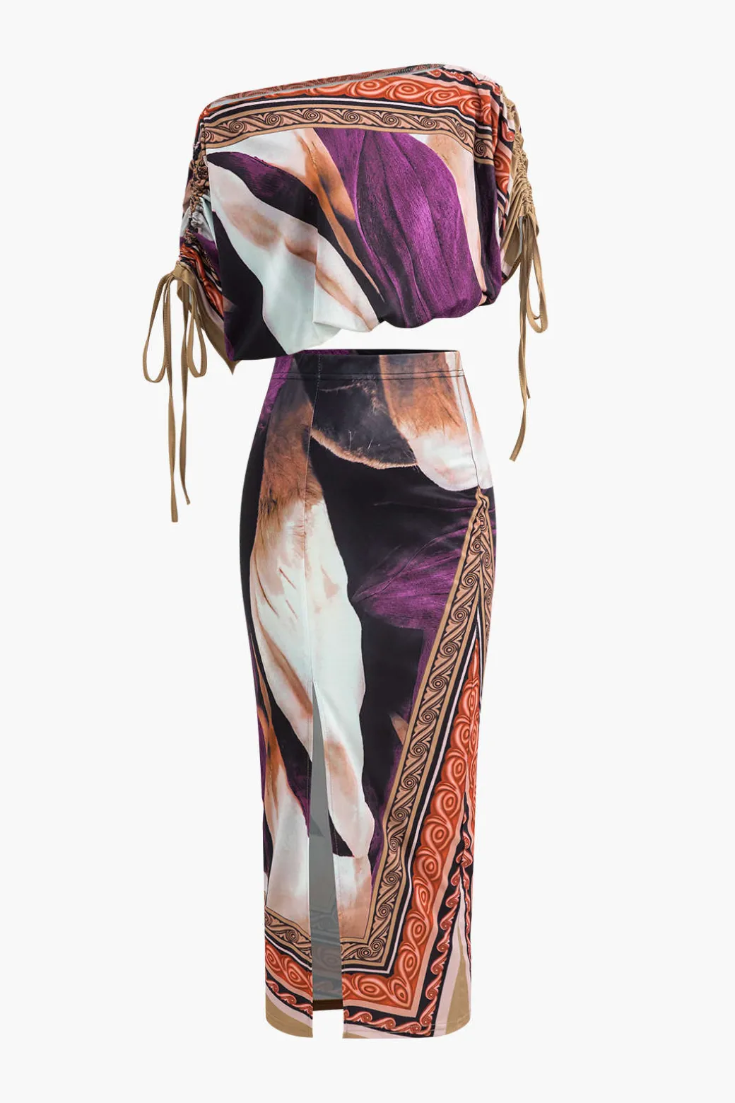 Discount Abstract Floral Print Long Sleeve Top And Midi Skirt Set Skirt Sets