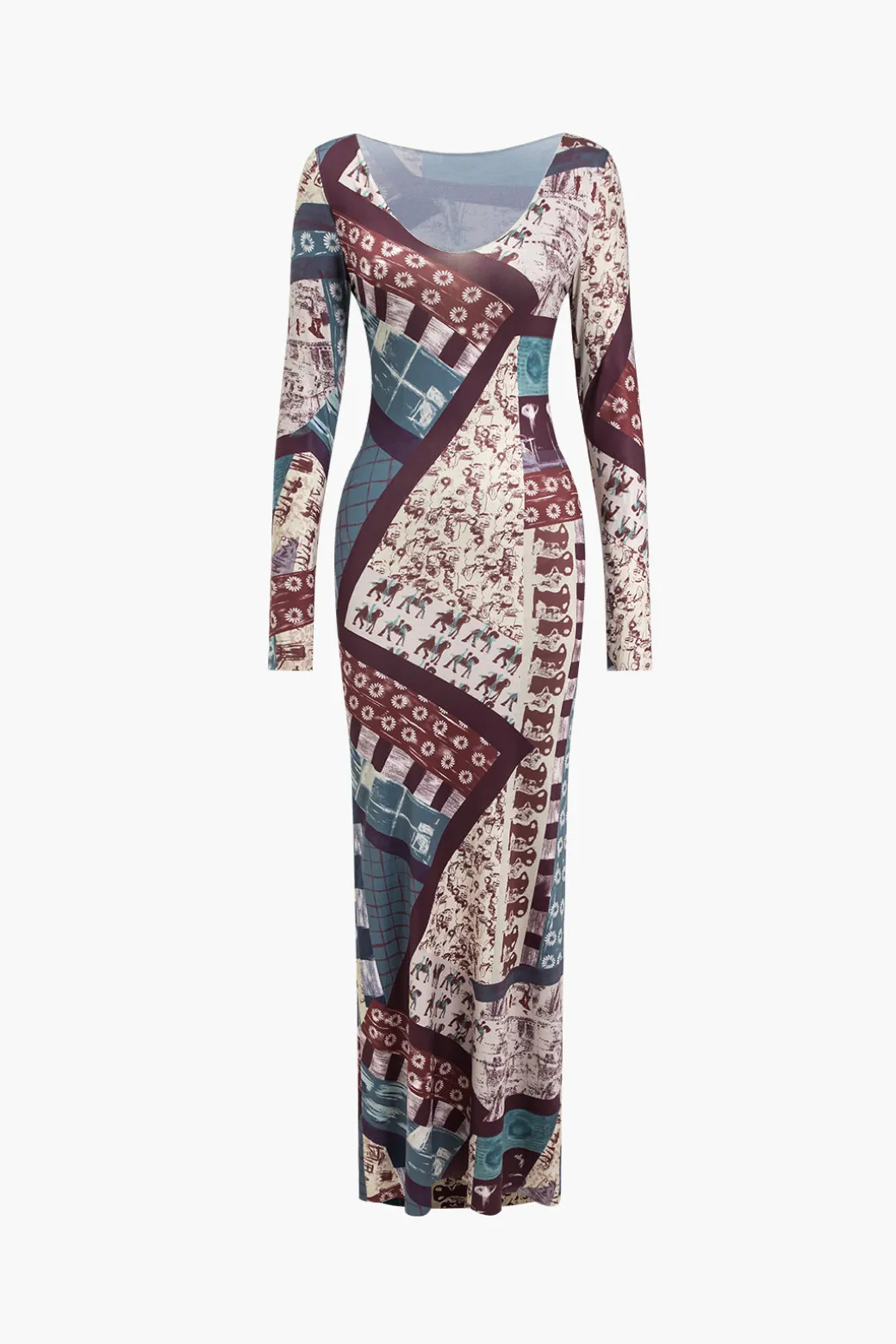 Cheap Abstract Patchwork Printed Long Sleeve Maxi Dress Long Sleeve Dresses | Maxi Dresses