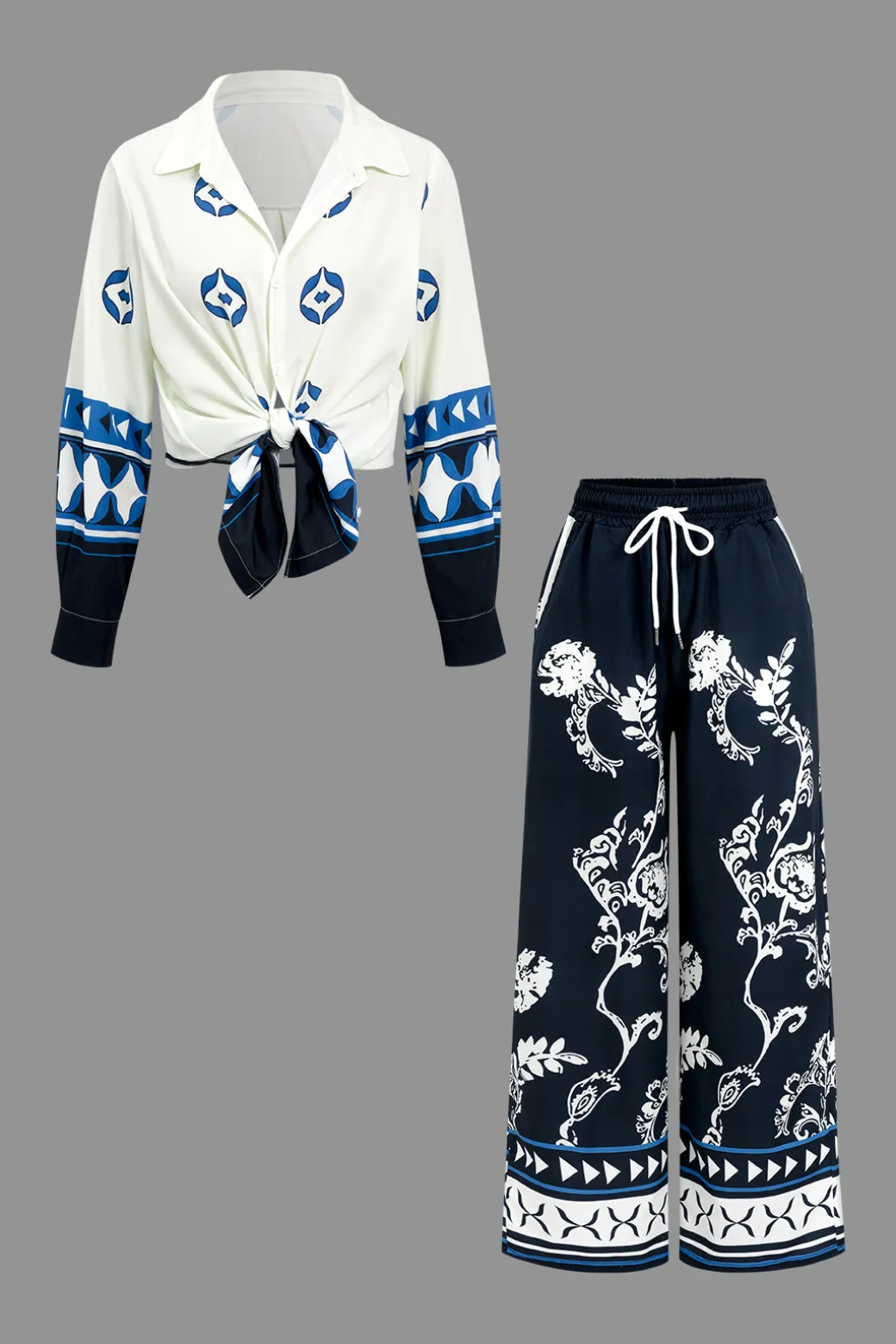 Cheap Abstract Print Long Sleeve Shirt And Trousers Set Pant Sets