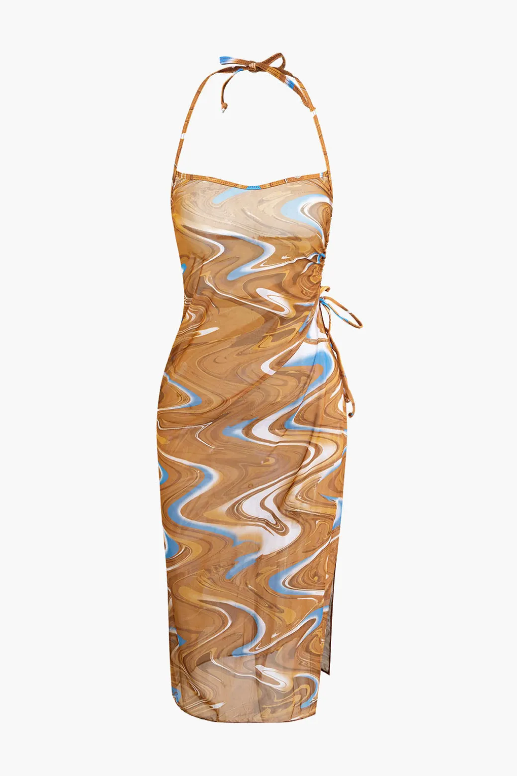Outlet Abstract Print Tie Halter Bikini And Slit Midi Dress Swimsuit Set Swimwear | Vacation Sets