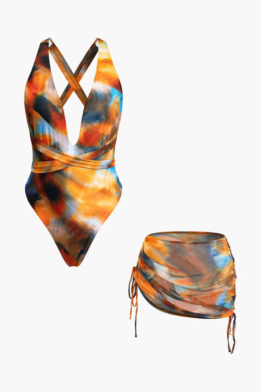 Online Abstract Print V-neck Cross Back Tie Swimsuit And Mesh Mini Sarong Skirt Set Swimwear | Vacation Sets