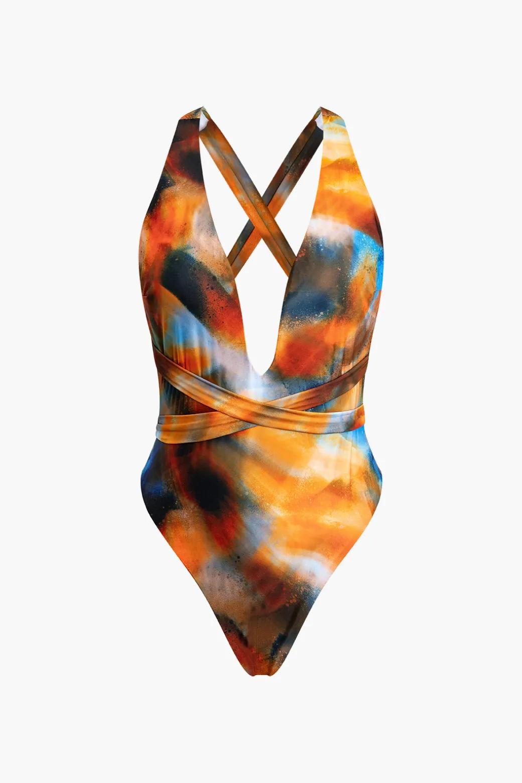 Online Abstract Print V-neck Cross Back Tie Swimsuit And Mesh Mini Sarong Skirt Set Swimwear | Vacation Sets