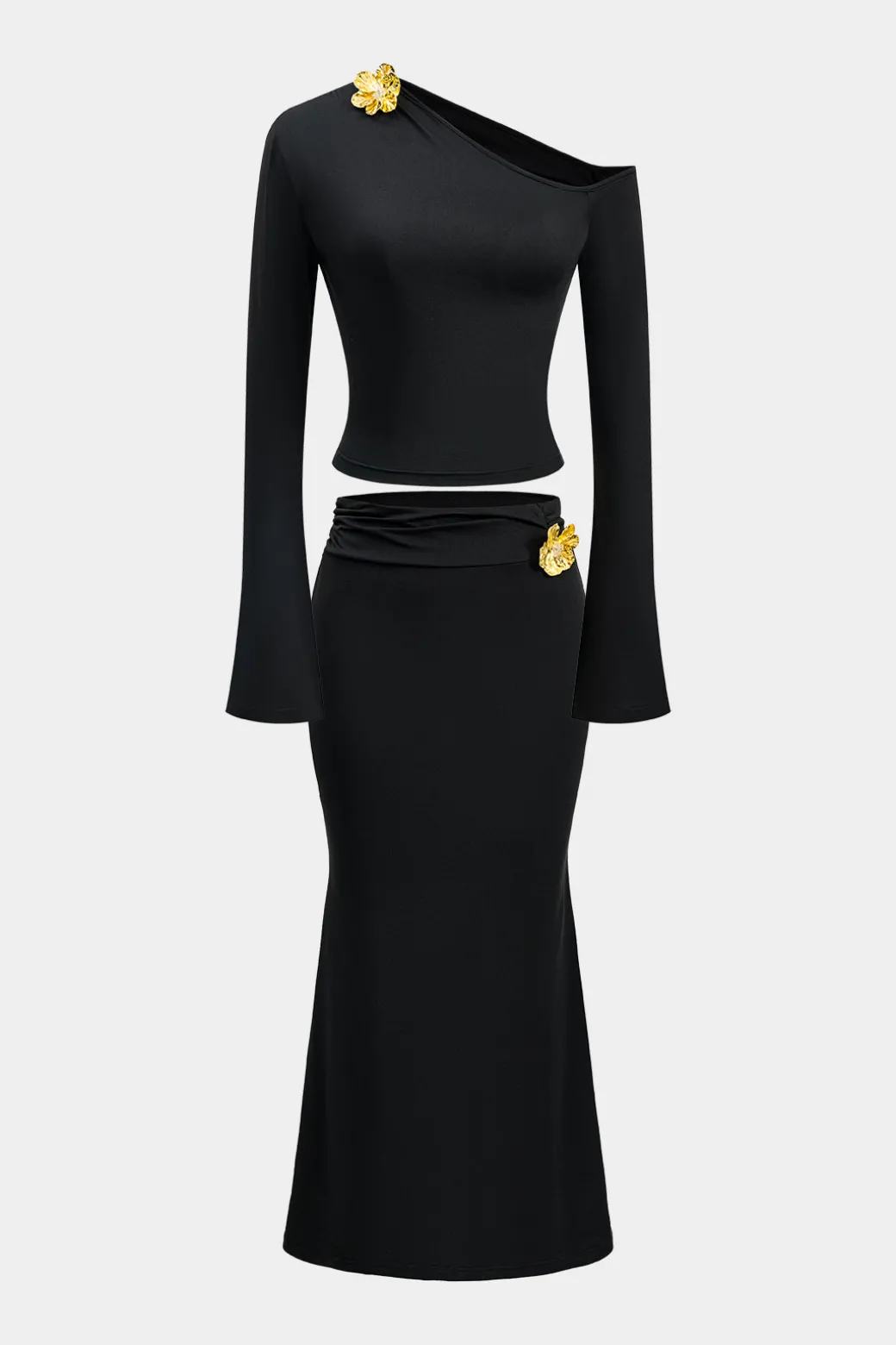 New Asymmetric Metal Floral Decor Top And Skirt Set Skirt Sets