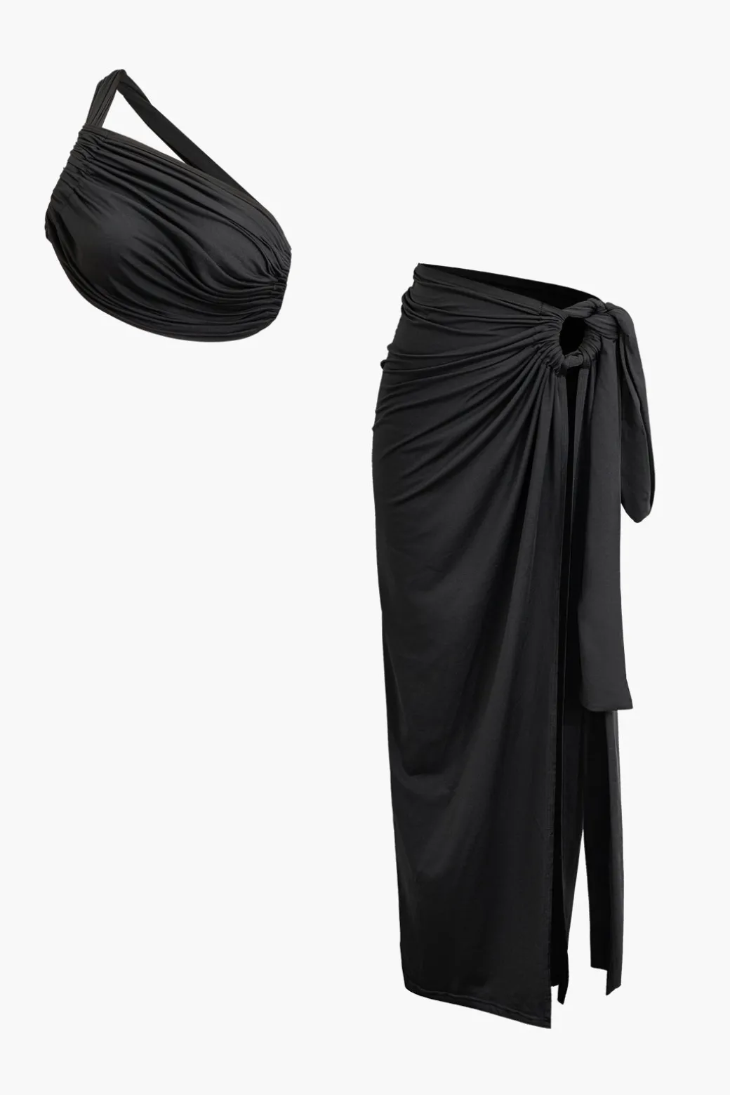 Clearance Asymmetric Ruched Cami Top And Tie Split Maxi Skirt Set Skirt Sets
