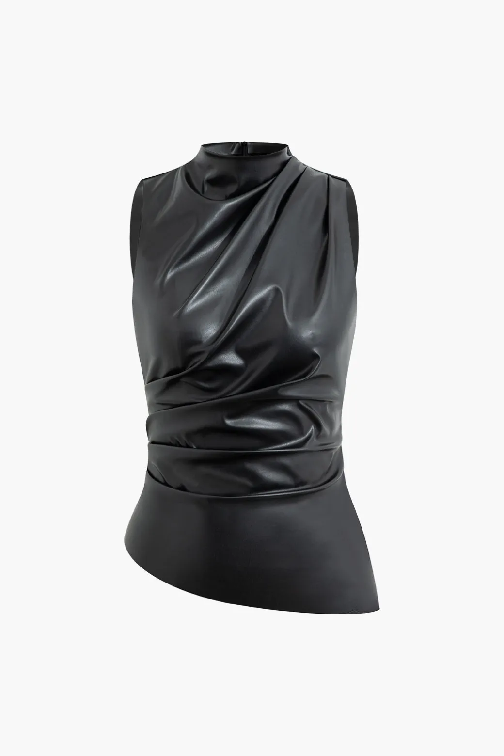 New Asymmetrical Hem Faux Leather Mock Neck Ruched Sleeveless Top Tank Tops & Cami