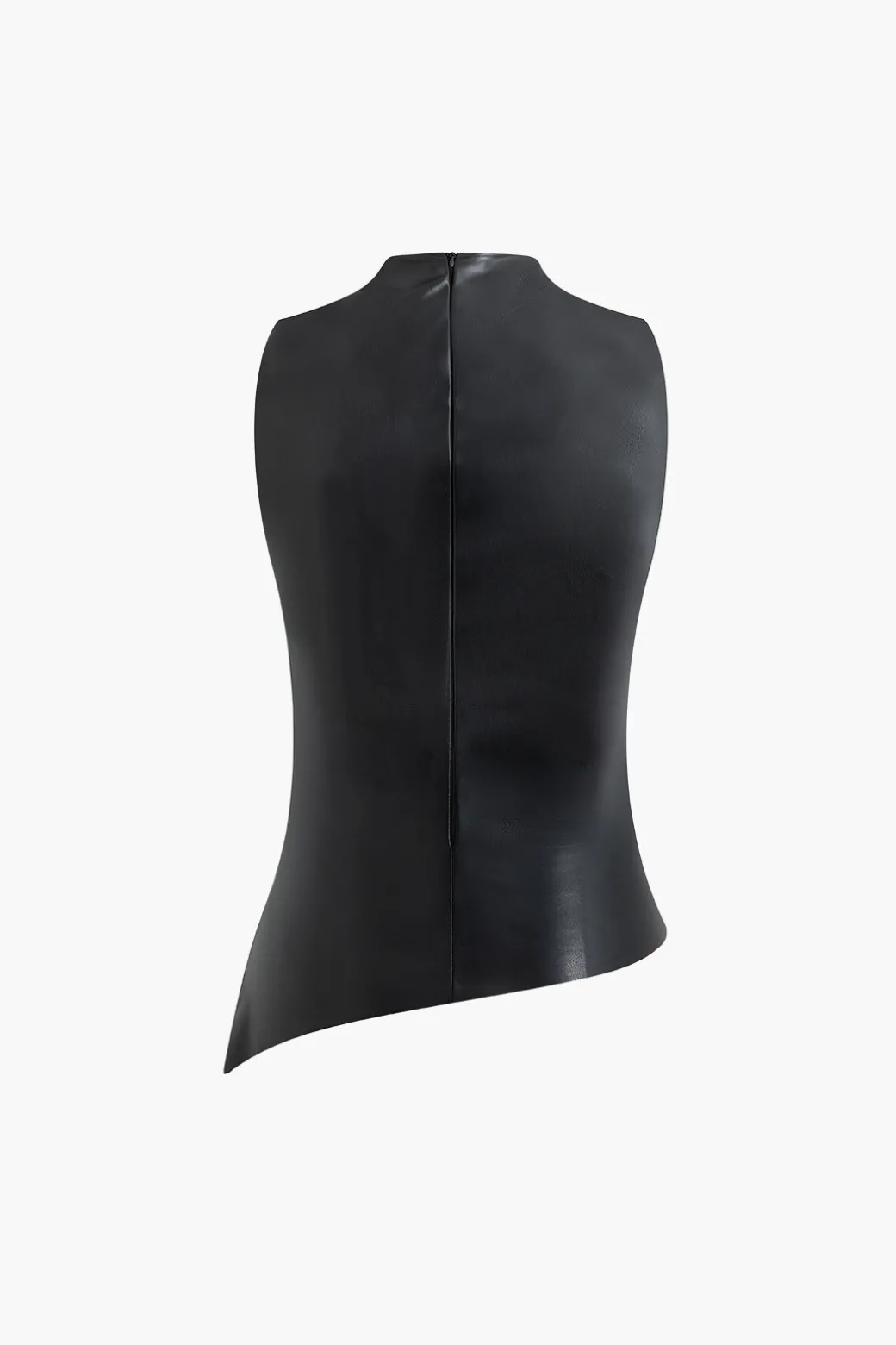 New Asymmetrical Hem Faux Leather Mock Neck Ruched Sleeveless Top Tank Tops & Cami