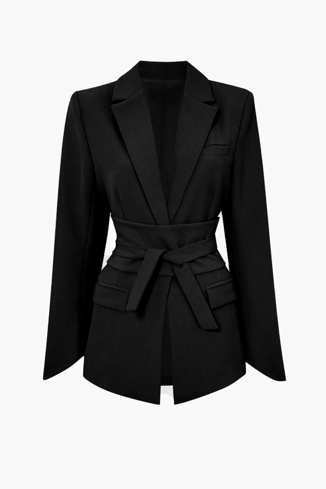 Cheap Basic Solid Notched Lapel Belted Blazer Outerwear | Blazers