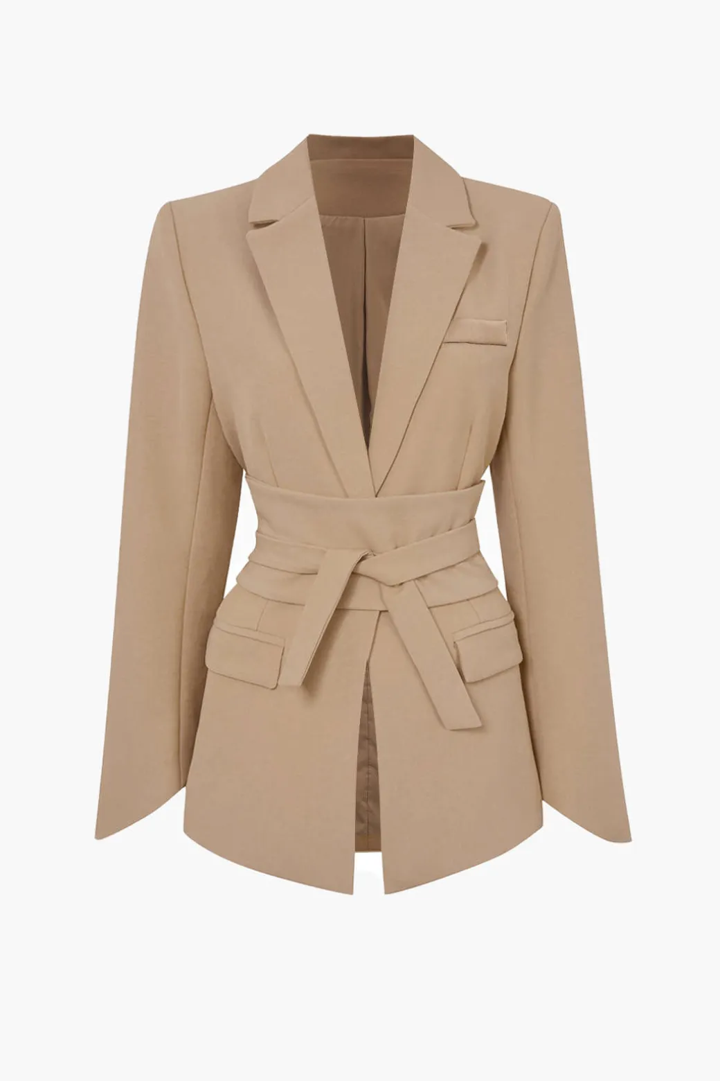 Cheap Basic Solid Notched Lapel Belted Blazer Outerwear | Blazers