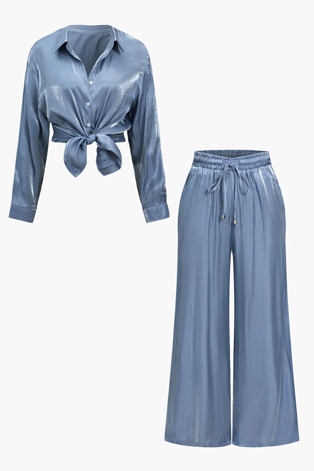 Shop Basic Solid Shiny Shirt And Loose Trouser Set Pant Sets | Vacation Sets