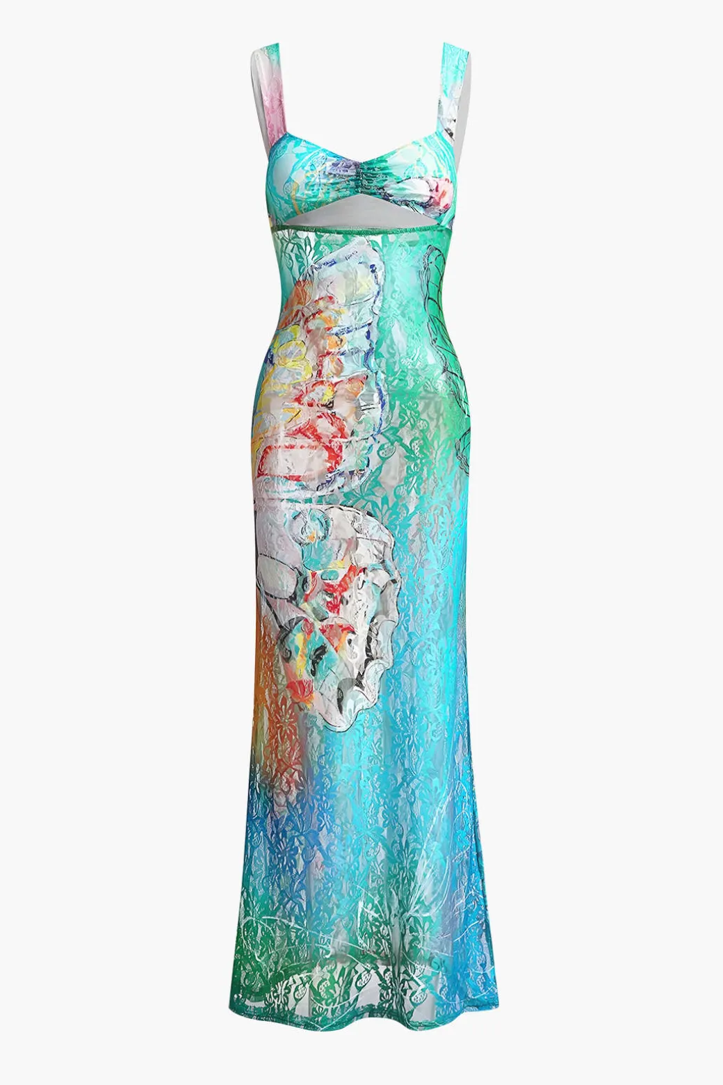 Store Butterfly Print Cut Out Mesh Strap Maxi Dress Maxi Dresses