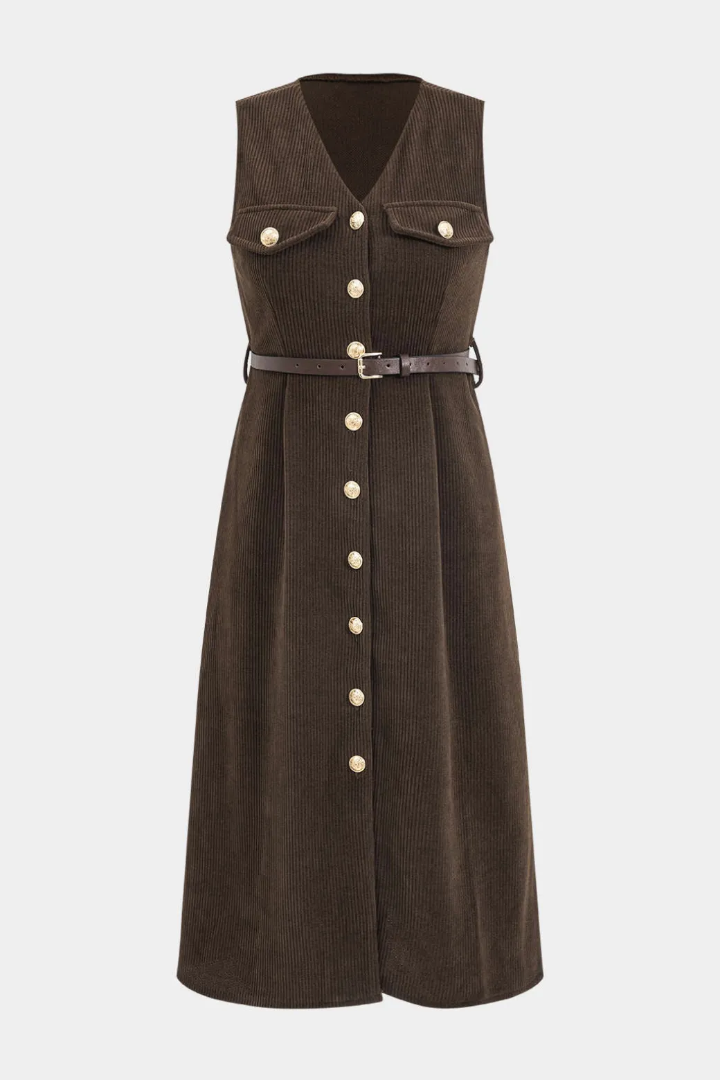 New Button V-Neck Belted Long Sleeve Corduroy Maxi Dress Long Sleeve Dresses | Maxi Dresses