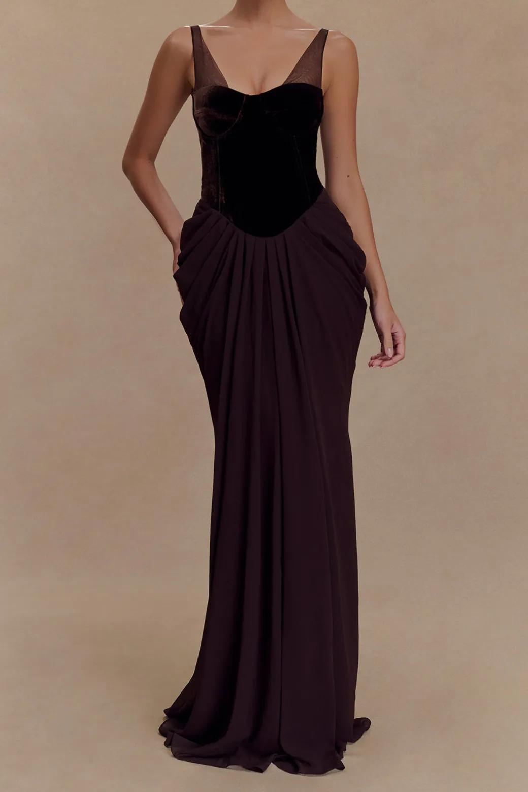 Outlet Chiffon Velvet Patchwork Ruched V-Neck Sleeveless Maxi Dress Maxi Dresses