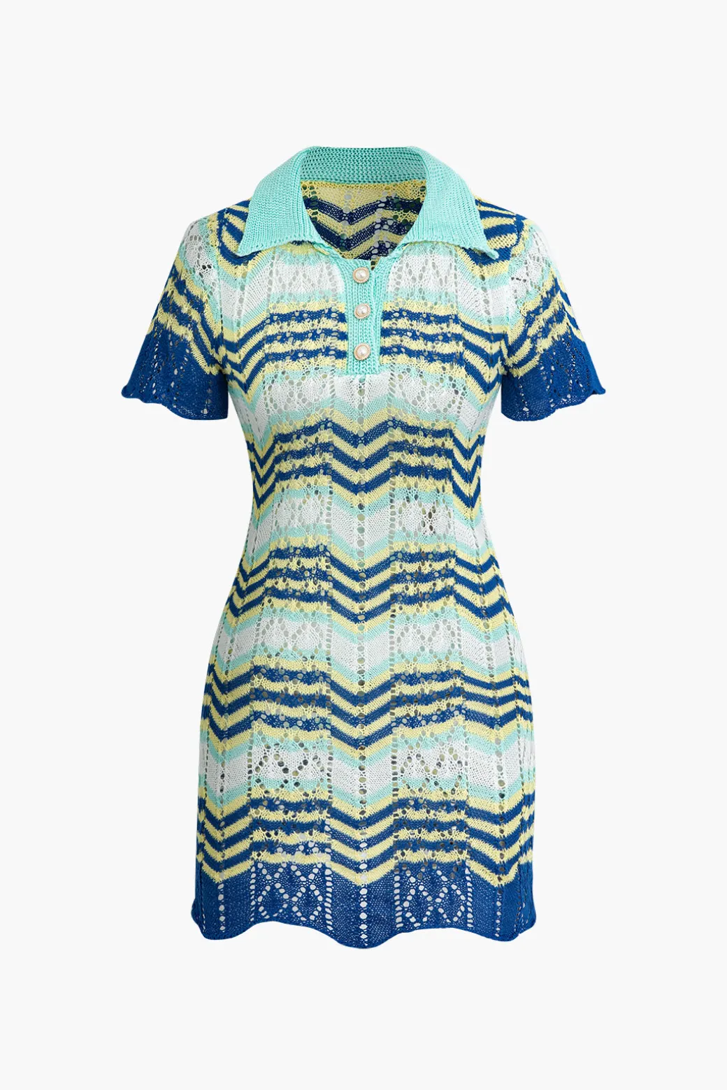 New Color Block Crochet Polo Collar Short Sleeve Mini Dress Knit Dresses