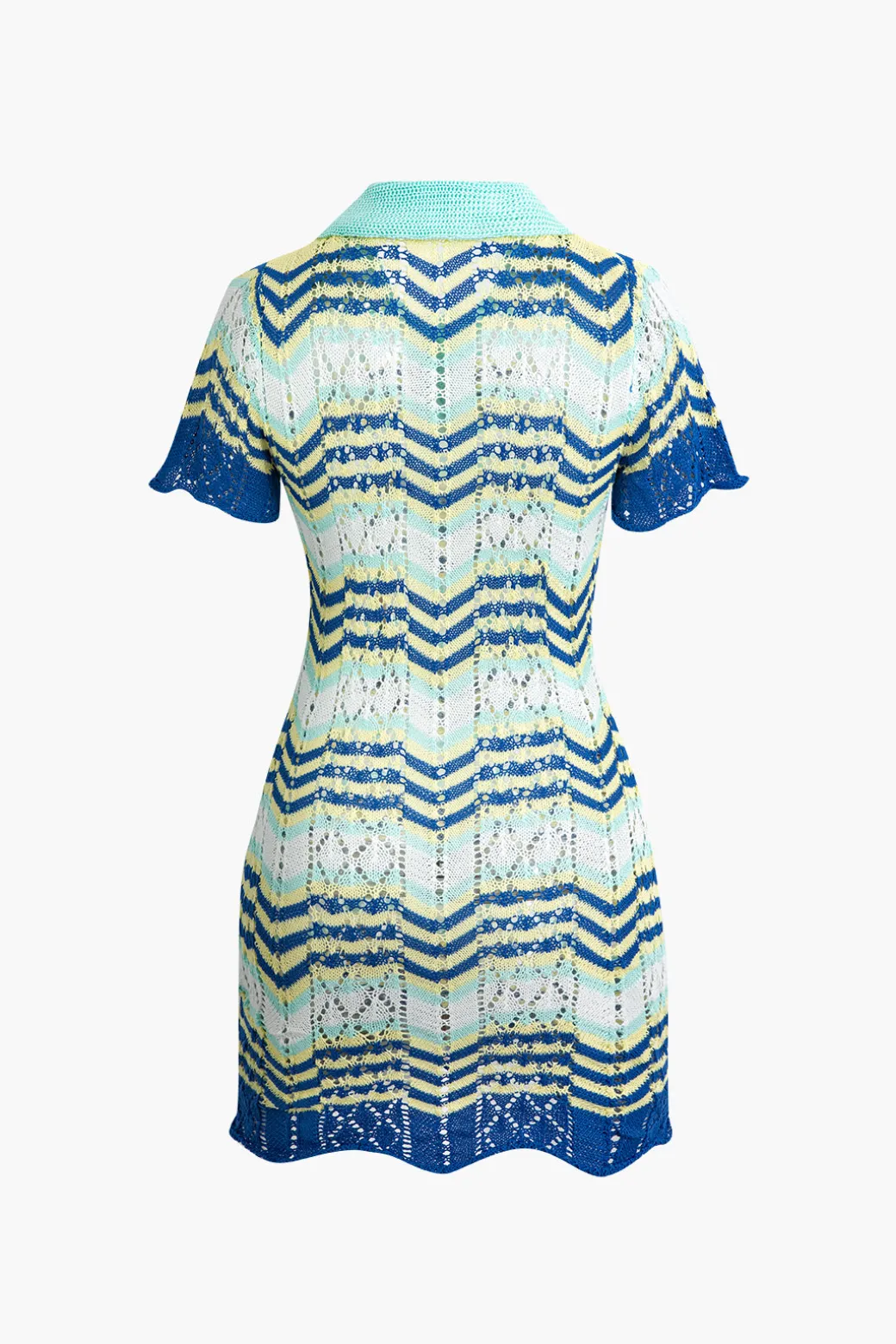 New Color Block Crochet Polo Collar Short Sleeve Mini Dress Knit Dresses
