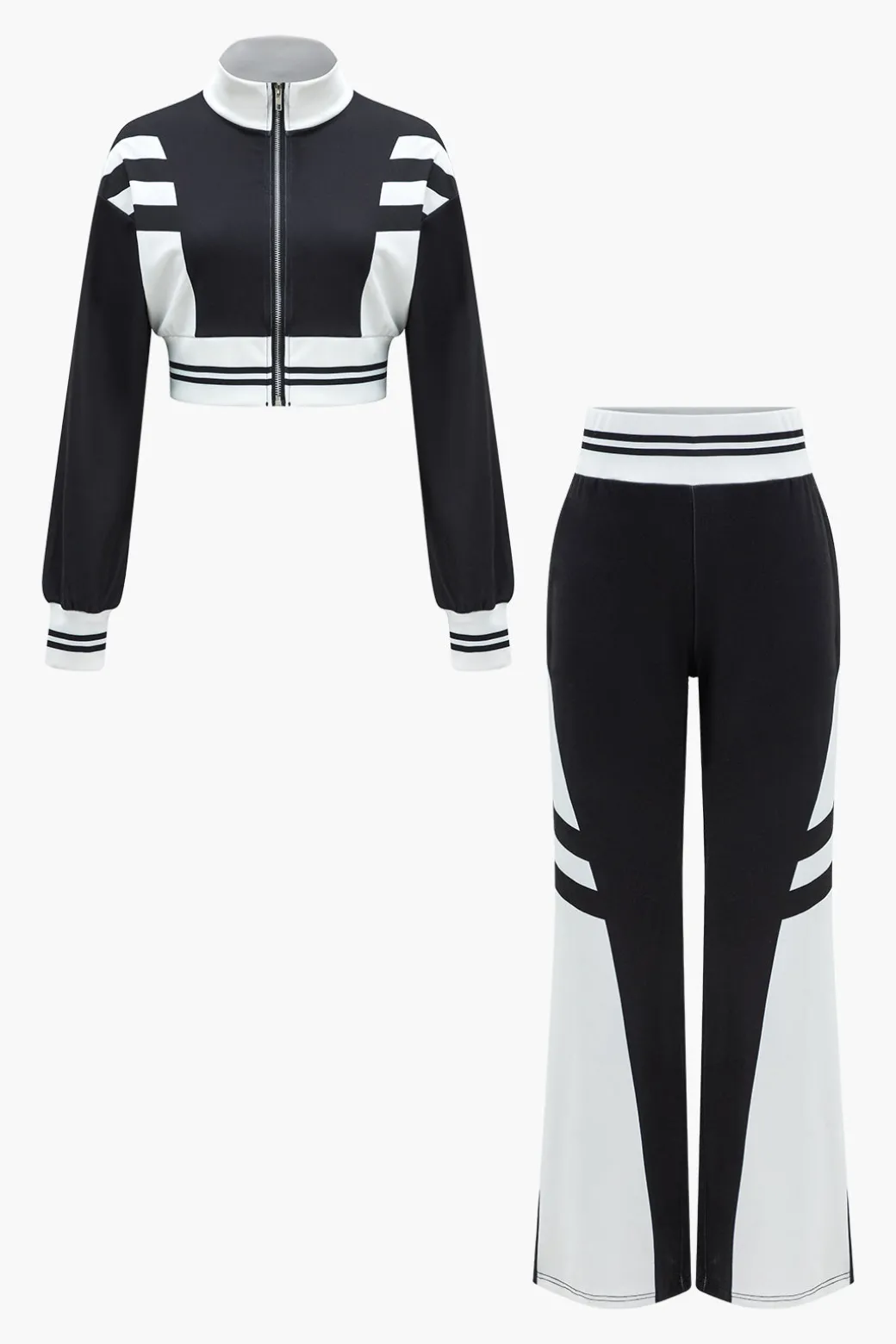 Clearance Contrast Zipper Collar Cropped Jacket And Trousers Set Pant Sets