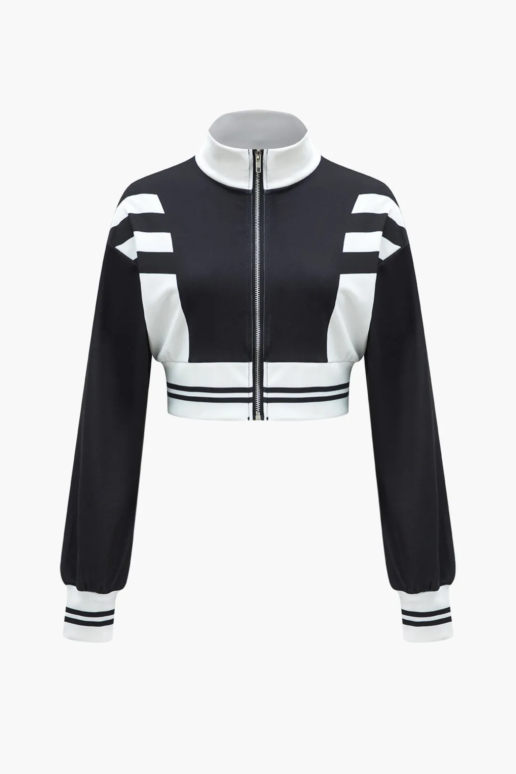 Clearance Contrast Zipper Collar Cropped Jacket And Trousers Set Pant Sets