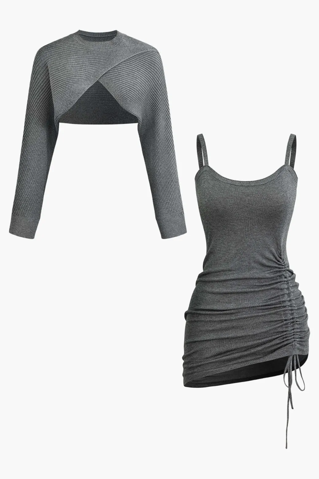Clearance Cross Cut Out Crop Top And Asymmetrical Drawstring Mini Dress Set Skirt Sets