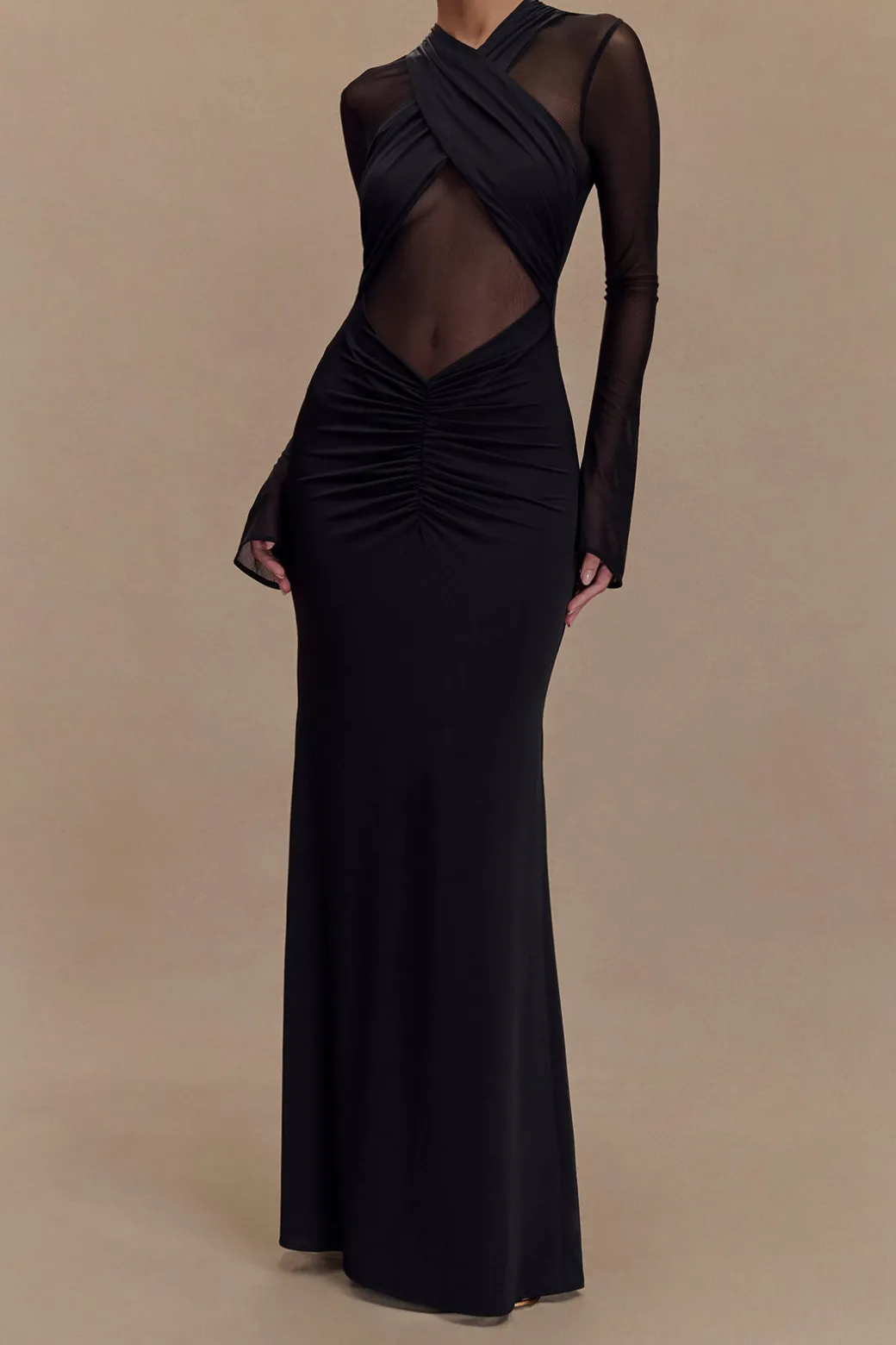 Clearance Crossed Mesh Sheer V-Neck Long Sleeve Maxi Dress Long Sleeve Dresses | Maxi Dresses