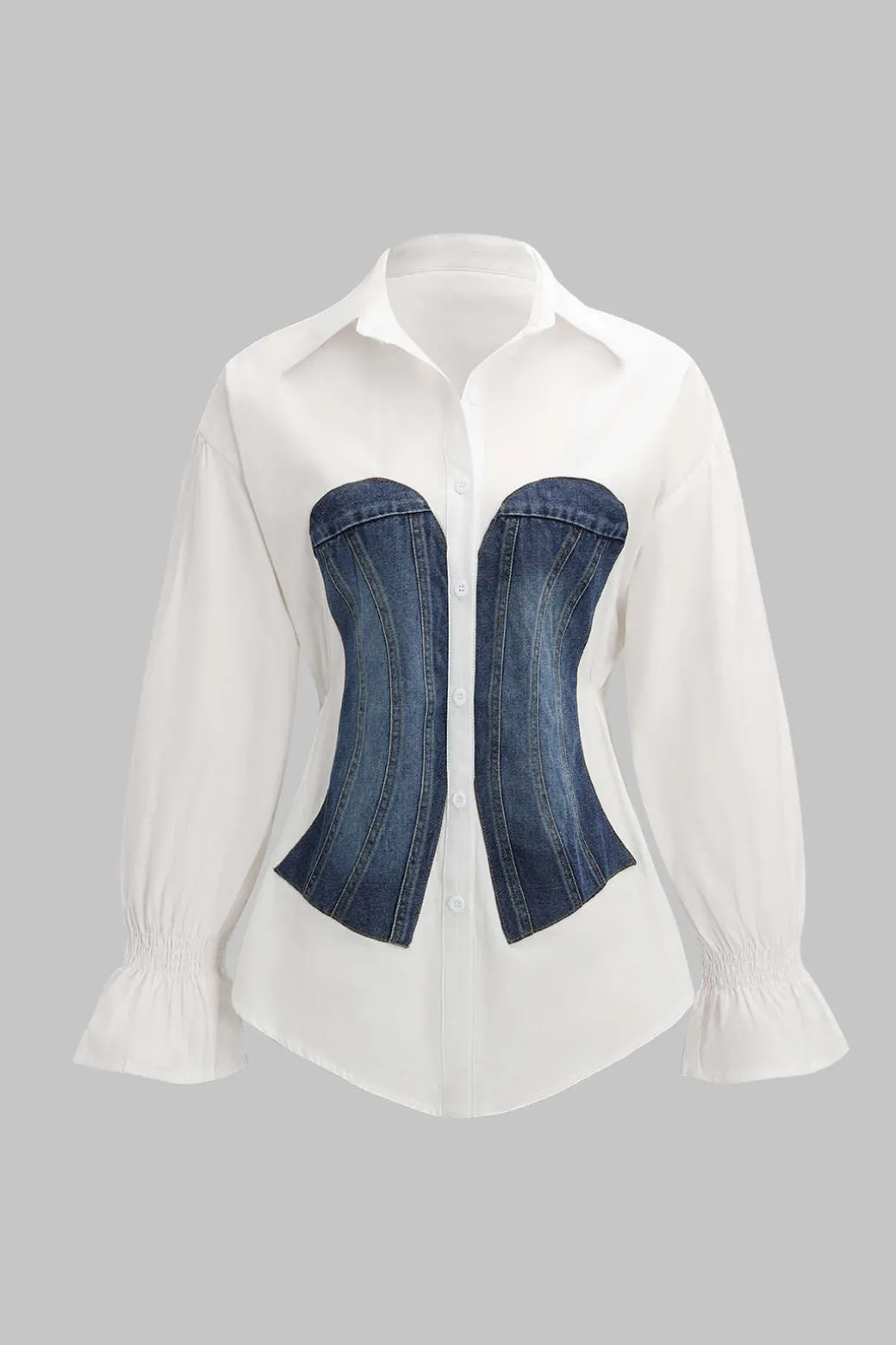 Best Denim Patchwork Corset Waist Long-Sleeve Shirt Long Sleeve Tops | Long Sleeves Tops