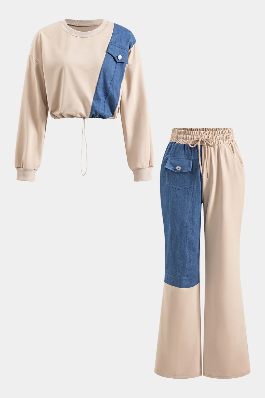 Sale Denim Patchwork Pocket Drawstring Top And Trousers Set Pant Sets