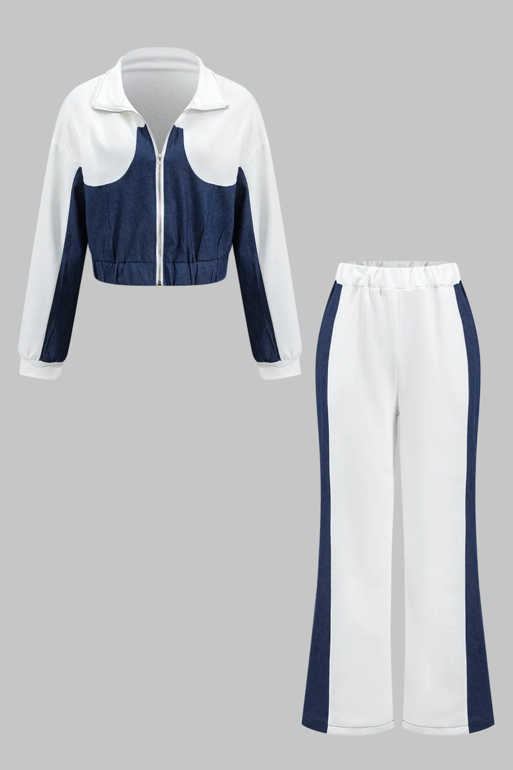 Cheap Denim Zipper Patchwork Jacket And Trousers Set Pant Sets