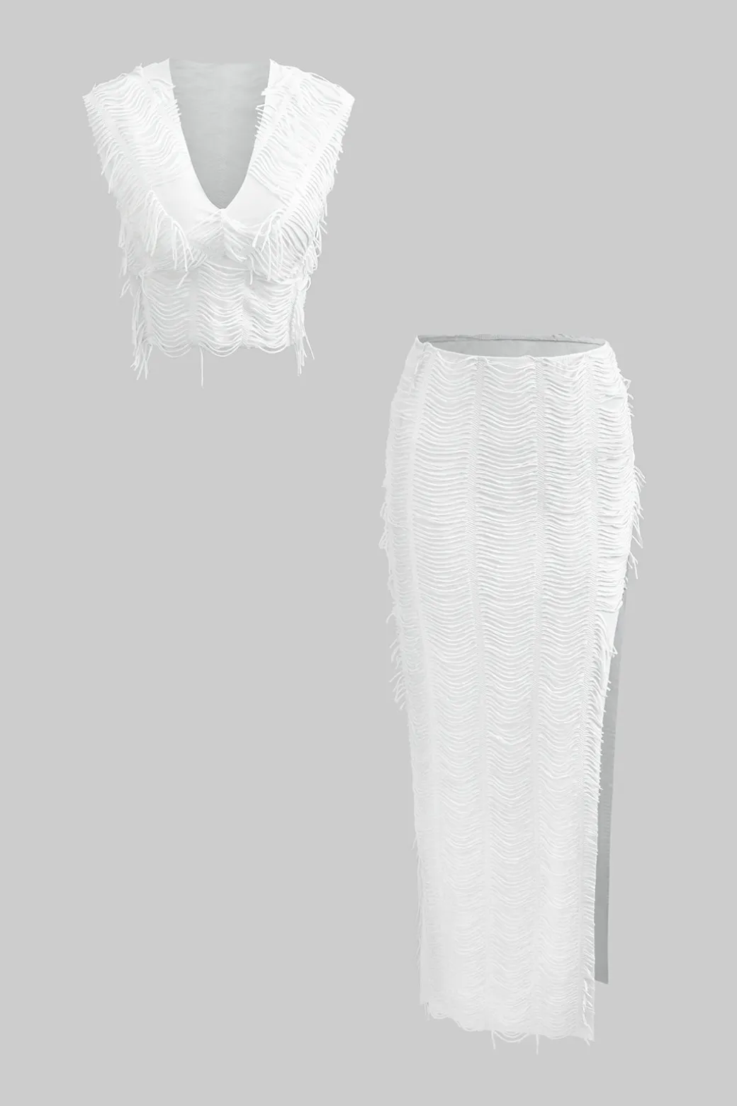 Outlet Distressed V-neck Cap Sleeve Crop Top And Slit Maxi Skirt Set Vacation Sets | Skirt Sets