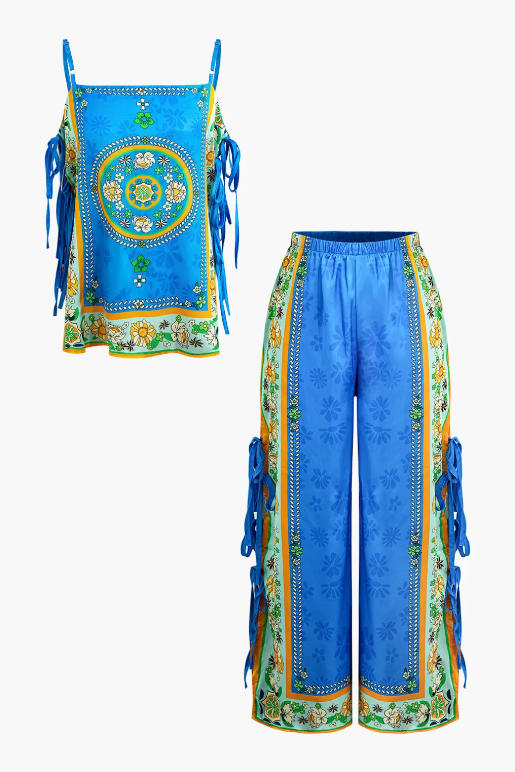 Clearance Ethnic Print Satin Knotted Cami Top and Wide Leg Pants Set Pant Sets