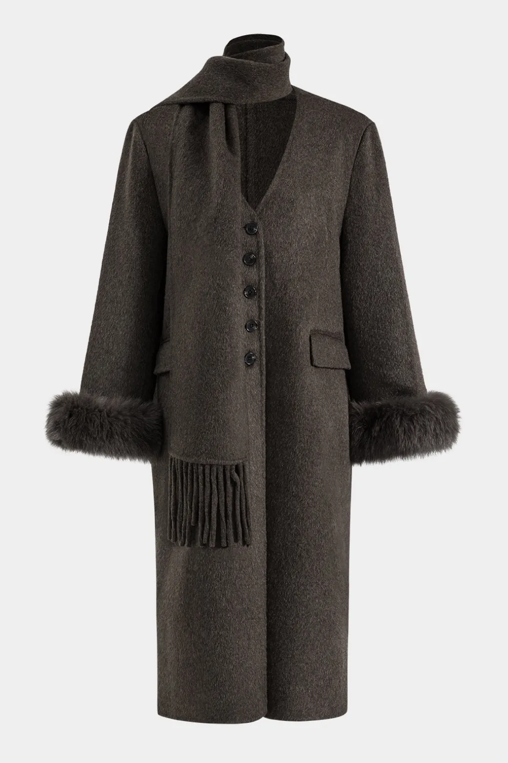 Store Faux Fur Button Pocket Long-Sleeve Coat With Scarf Outerwear | Outerwear