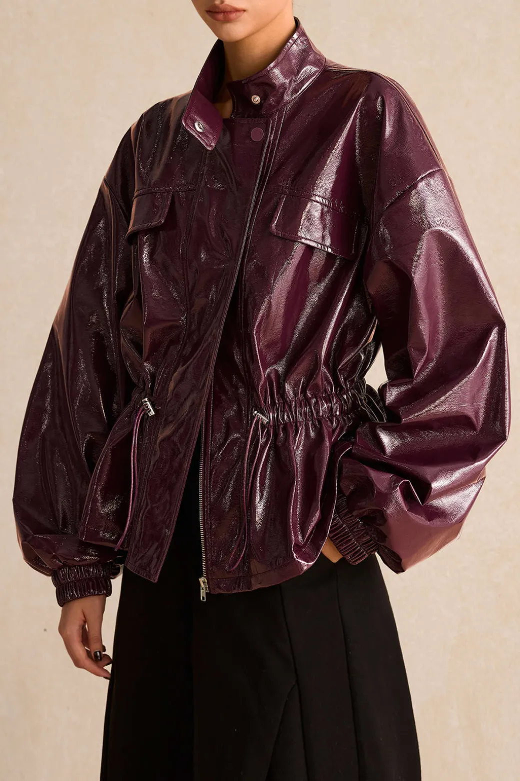 Cheap Faux Leather Drawstring Pocket Jacket Outerwear | Outerwear