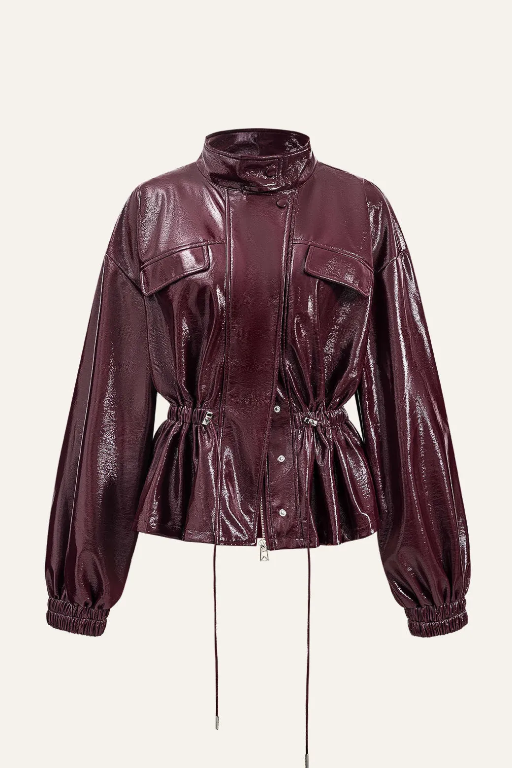 Cheap Faux Leather Drawstring Pocket Jacket Outerwear | Outerwear