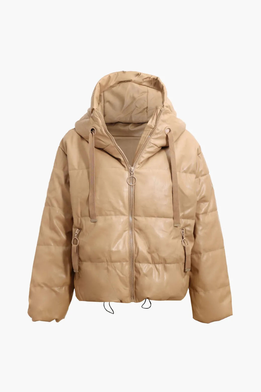 Best Faux Leather Hooded Puffer Jacket Outerwear | Outerwear