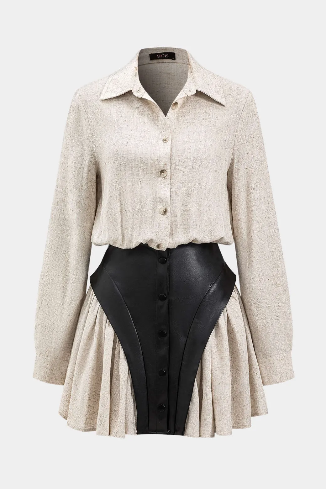 Clearance Faux Leather Linen Tie Front Button Patchwork Long Sleeve Mini Dress Long Sleeve Dresses | Mini Dresses