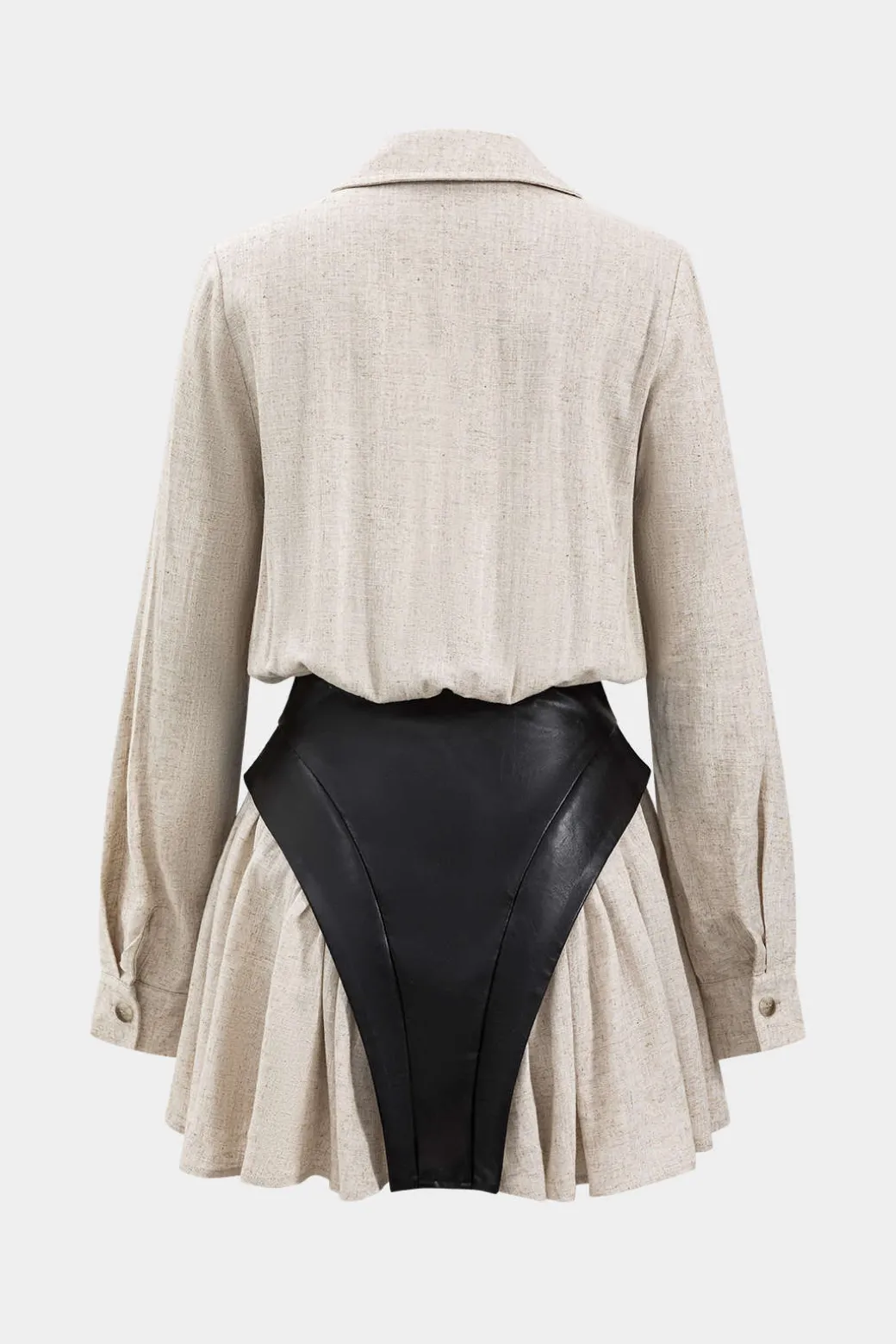 Clearance Faux Leather Linen Tie Front Button Patchwork Long Sleeve Mini Dress Long Sleeve Dresses | Mini Dresses
