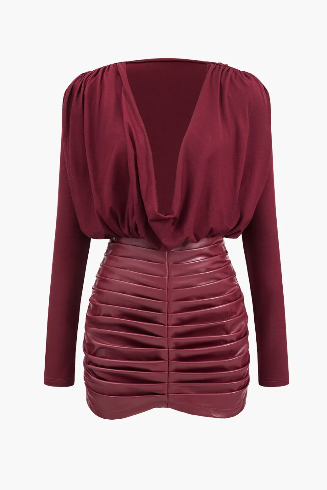 Clearance Faux Leather Patchwork Long Sleeve Draped Cowl Neck Mini Dress Long Sleeve Dresses | Mini Dresses