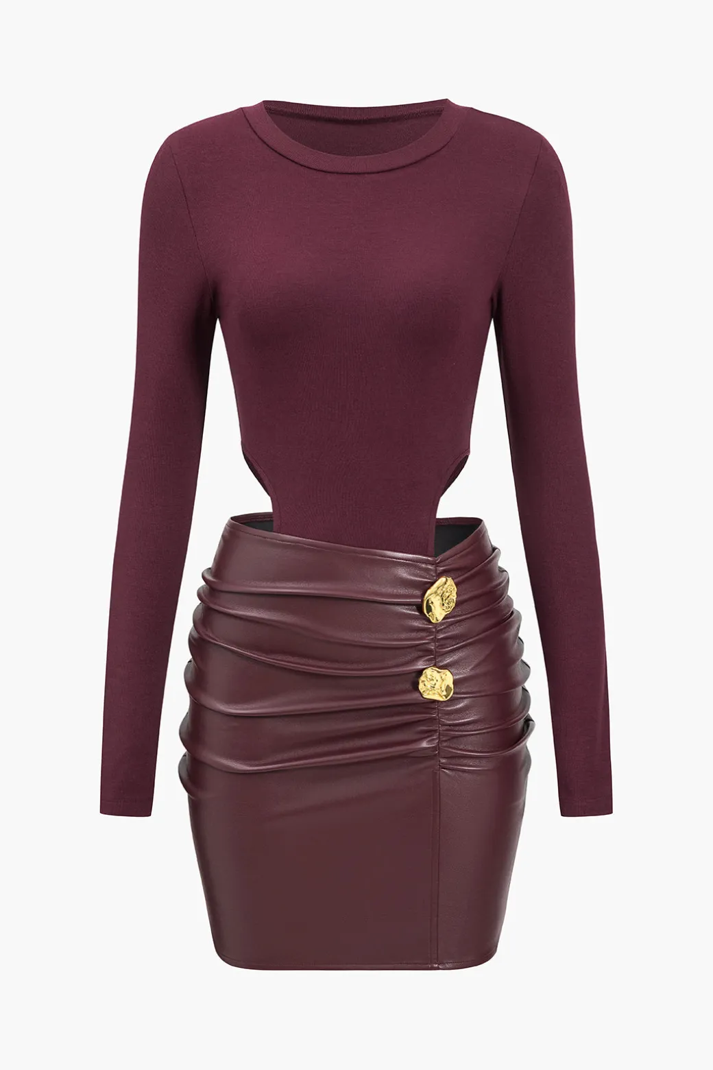 Fashion Faux Leather Patchwork Round Neck Ruched Metallic Long Sleeve Mini Dress Long Sleeve Dresses | Mini Dresses