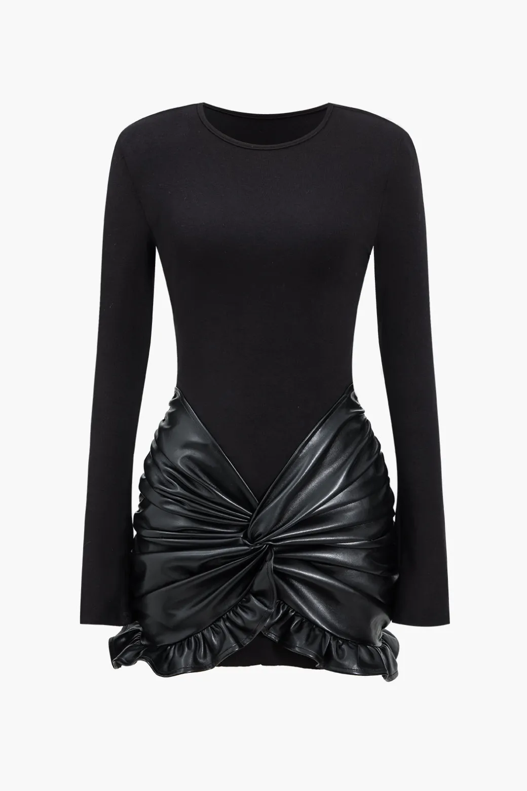 Flash Sale Faux Leather Patchwork Ruffle Ruched Long Sleeve Mini Dress Long Sleeve Dresses | Mini Dresses