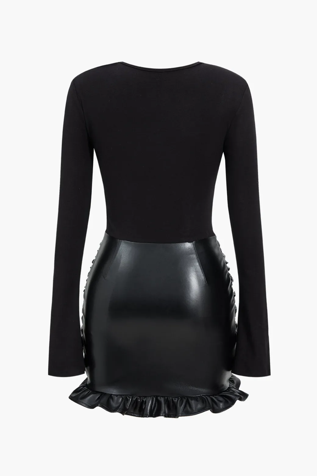 Flash Sale Faux Leather Patchwork Ruffle Ruched Long Sleeve Mini Dress Long Sleeve Dresses | Mini Dresses