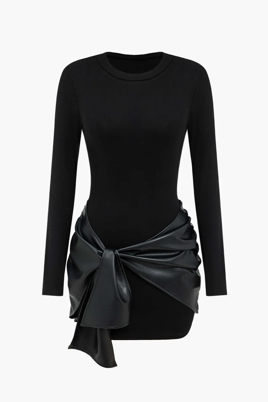 Outlet Faux Leather Patchwork Tie Front Round Neck Ruched Mini Dress Long Sleeve Dresses | Mini Dresses