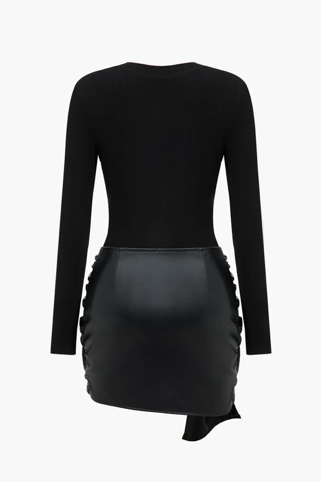 Outlet Faux Leather Patchwork Tie Front Round Neck Ruched Mini Dress Long Sleeve Dresses | Mini Dresses