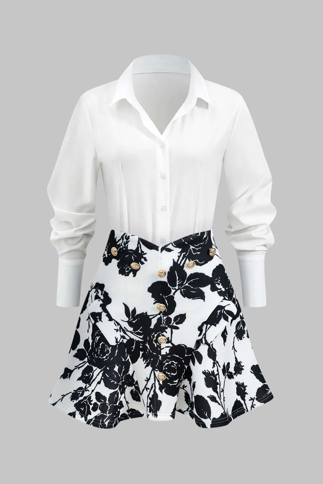 Best Sale Floral Print Buttoned Long-Sleeve Shirt And Skirt Set Skirt Sets