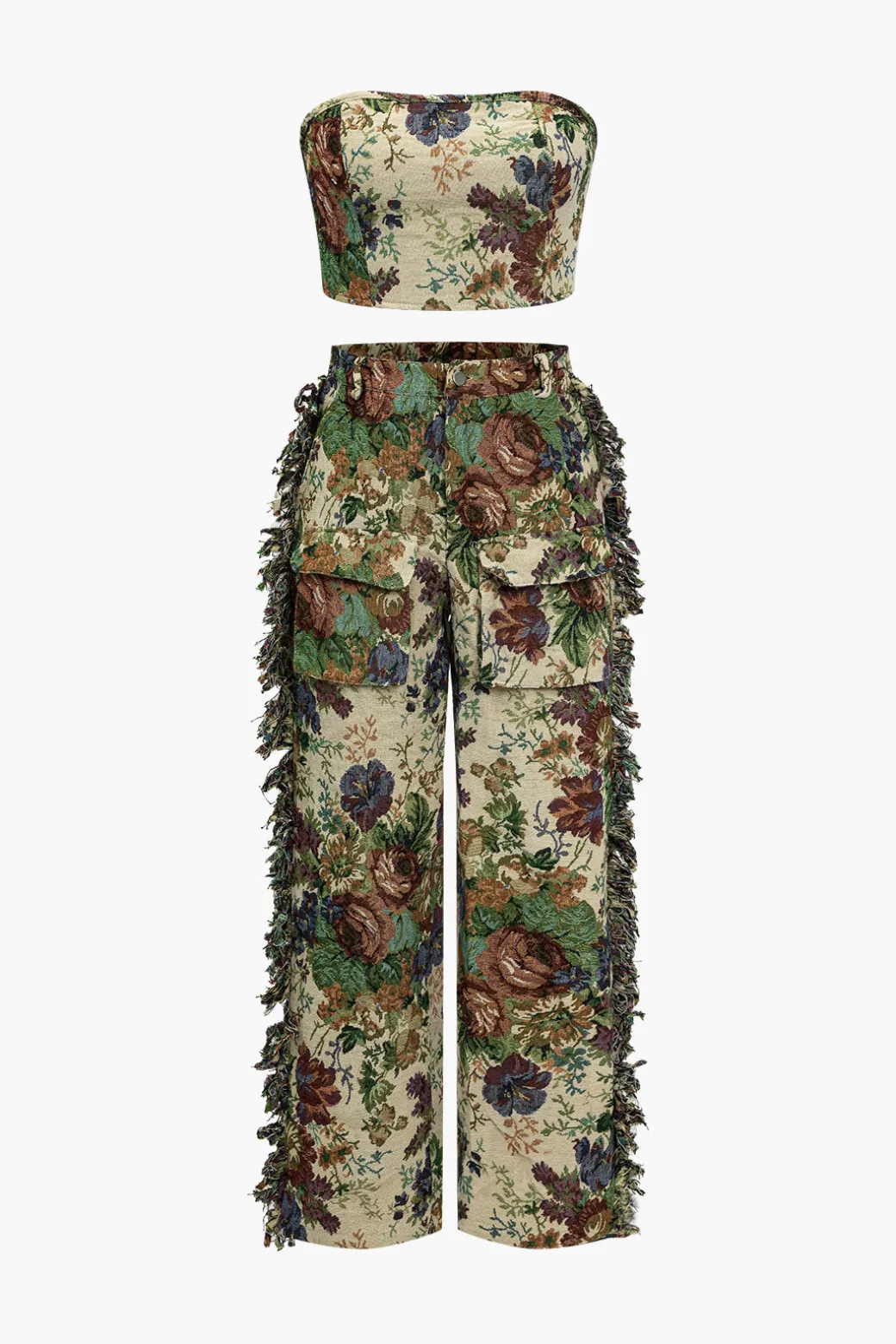 Flash Sale Floral Print Fringe Tie Back Tube Top And Button Pocket Trouser Set Pant Sets | Vacation Sets