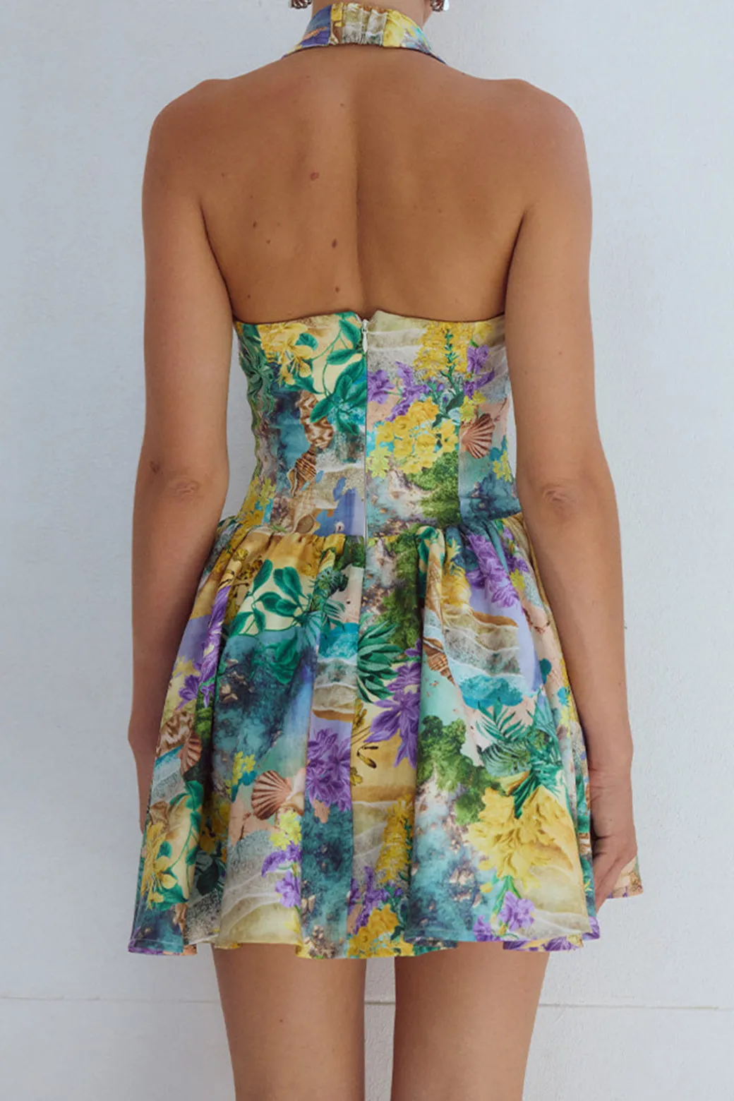 Cheap Floral Tropical Print Halter Neck Sleeveless Mini Dress Mini Dresses