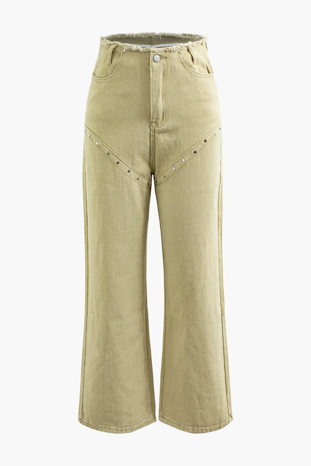 Cheap Frayed Waist Rivet Decor Straight Leg Pants Jeans