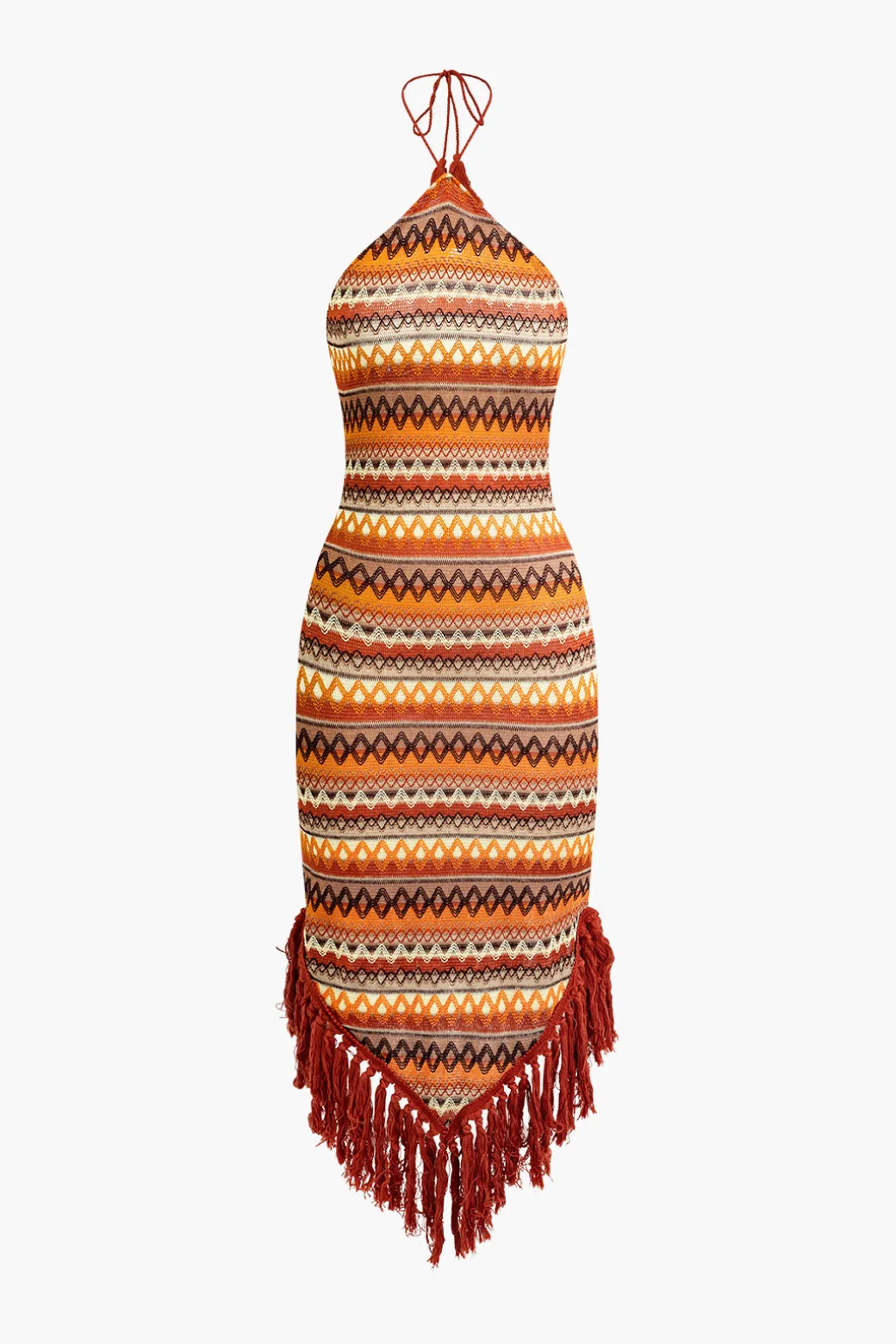 Flash Sale Fringe and Colorful Pattern Bohemian Halter Midi Dress Midi Dresses
