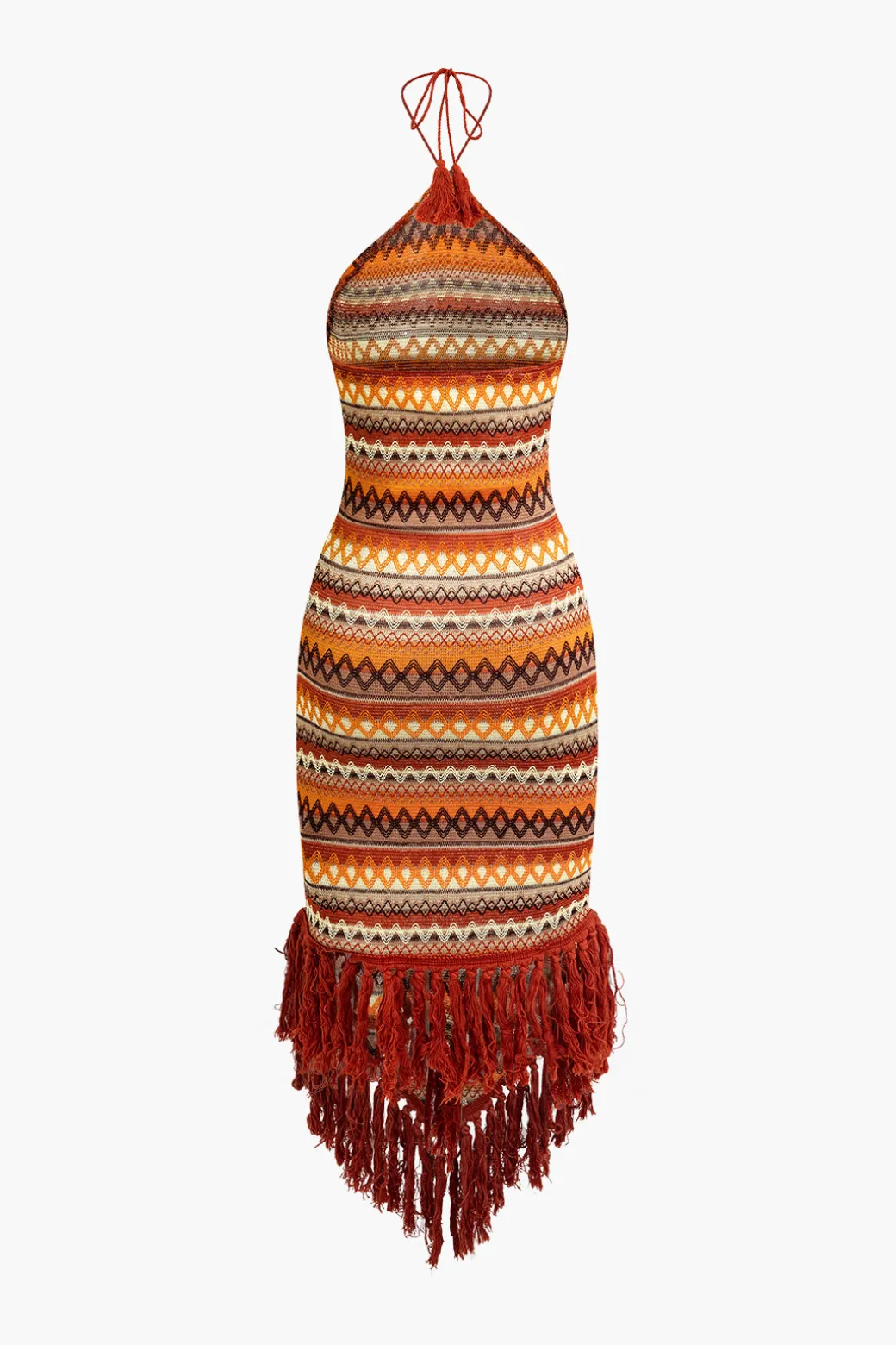 Flash Sale Fringe and Colorful Pattern Bohemian Halter Midi Dress Midi Dresses