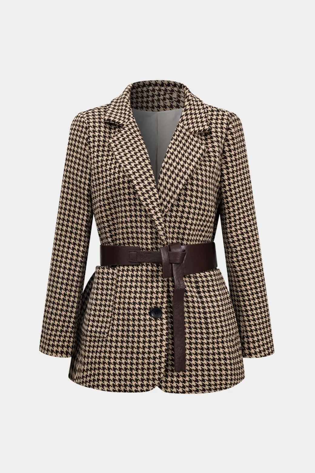 Cheap Houndstooth Notched Lapel Belted Blazer Outerwear | Outerwear