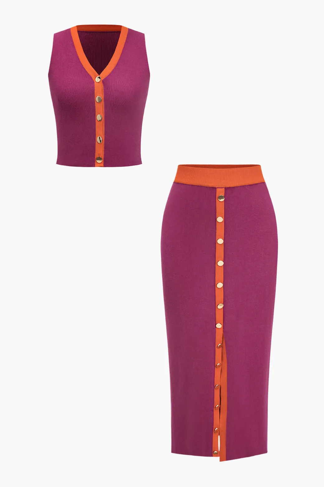 New Knit Color-Block Button Tank Top And Skirt Set Knitwear | Knit Sets