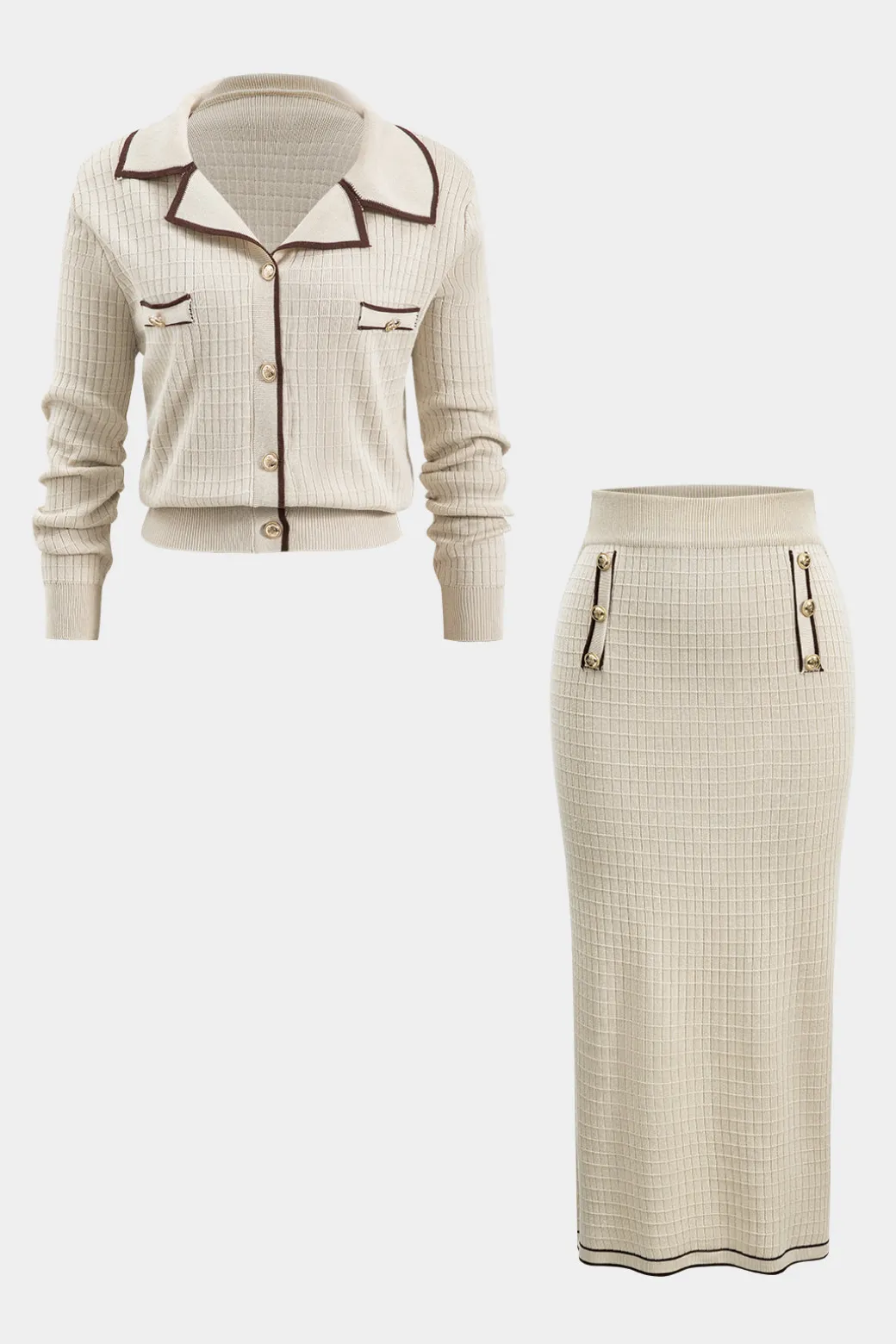 Online Knit Metallic Button Fake Pocket Long-Sleeve Top And Skirt Set Knitwear | Knit Sets