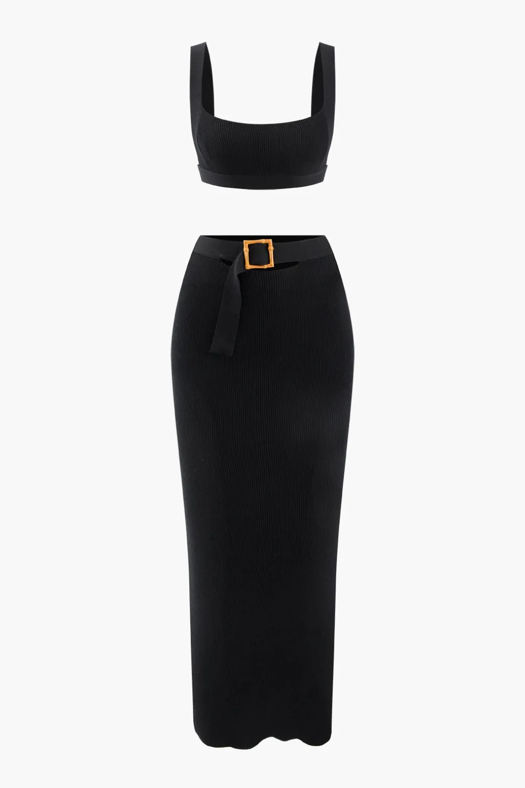 Clearance Knit Square Neck Crop Tank Top And Buckle Midi Skirt Set Knitwear | Knit Sets