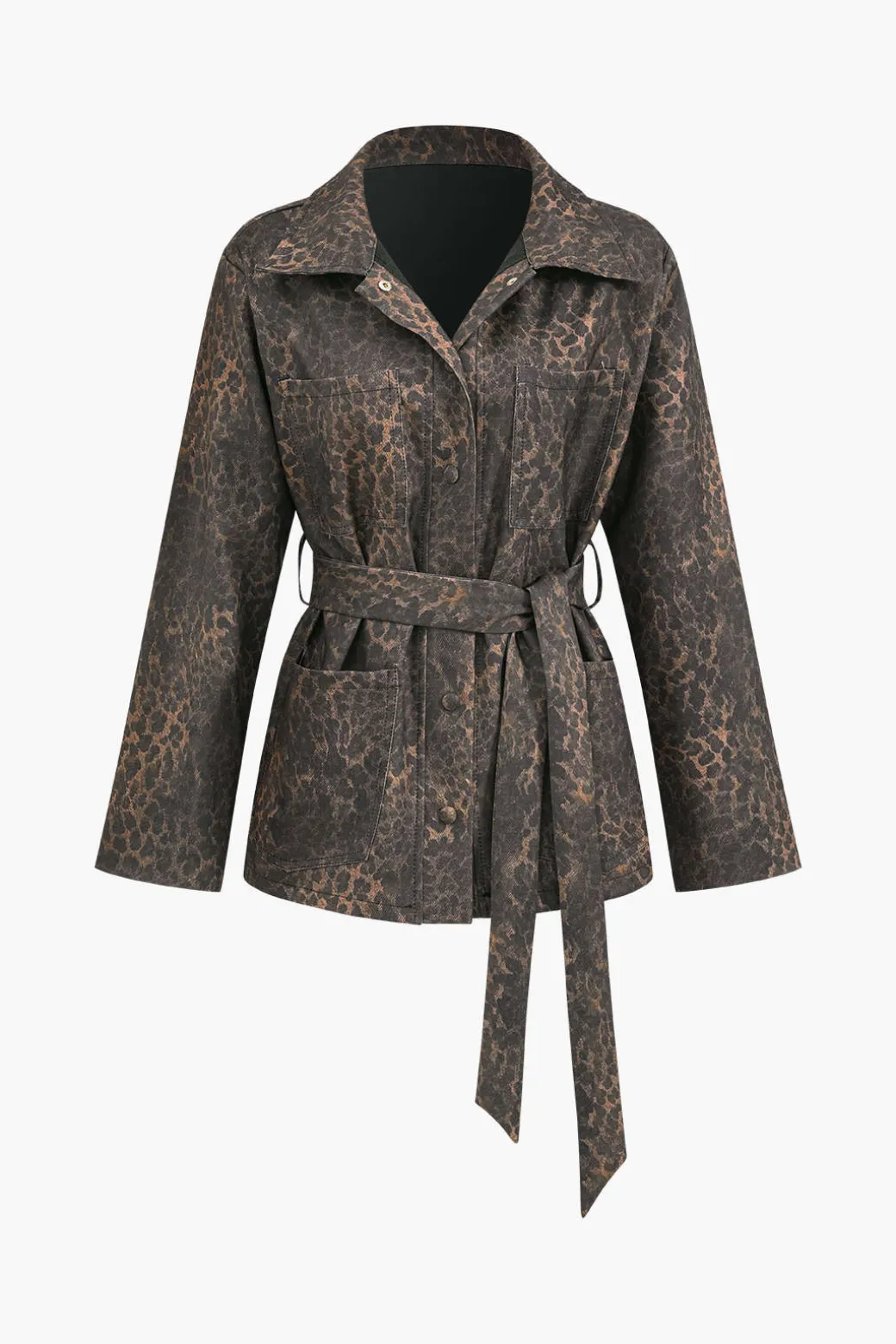 Cheap Leopard Print Pocket Button Belted Jacket Outerwear | Outerwear